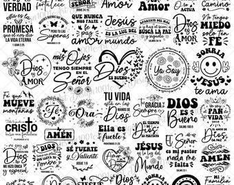 Religious Phrases in Spanish SVG PNG Bundle, Spanish Bible Verse SVG, Faith Moves Mountains SVG, Biblical Phrases, God Love Strength SVG