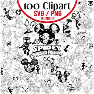 Puede incluir: Una colección digital de 100 ilustraciones en blanco y negro con personajes de Spidey and His Amazing Friends. El paquete incluye varias poses de superhéroes, logotipos e iconos en formatos SVG y PNG con etiquetas de texto.