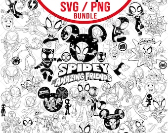 Heroes And Friends Svg Png Bundle, Spider Friends Ghost Line Art Svg, Cartoon Hero Kids Birthday Silhouette Cut Files For Cricut Silhouette