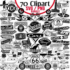 Peut inclure: Une collection numérique de 70 cliparts en noir et blanc présentant divers logos, motifs de voitures de course et éléments textuels inspirés de la franchise Cars, incluant des panneaux Route 66, des numéros de course et des emblèmes en SVG et PNG.
