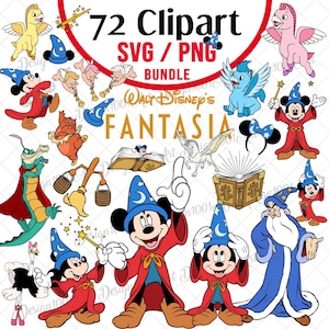 May include: A digital bundle of 72 Fantasia-themed clipart images in SVG and PNG formats. The collection features various characters, including Mickey Mouse in a sorcerer's outfit, pegasus, and other iconic elements from the animated film, in vibrant colors.