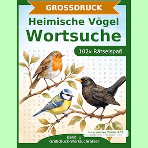 Può includere: Copertina di un libro con il titolo "Heimische Vögel Wortsuche" e illustrazioni di uccelli. La copertina include il testo "102x Rätselspaß" e "Band 1". Il libro è un cruciverba.