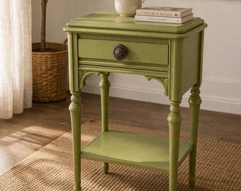 引き出しと棚付きの緑色のナイトスタンド