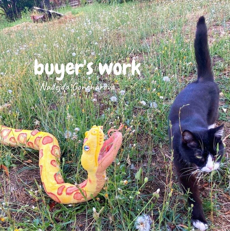 May include: A yellow and red spotted snake sculpture with an open mouth, set in grass. A black and white cat is walking nearby. The text "buyer's work" and the artist's name are visible.