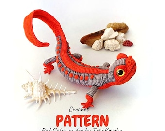 Red salamander crochet pattern, amigurumi lizard, dragon, amphibia, newt.