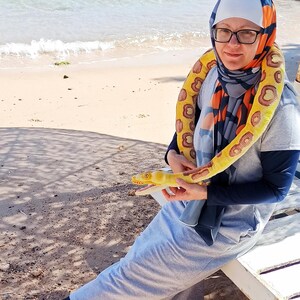 May include: A person wearing glasses and a headscarf is holding a yellow and brown toy snake. The snake is wrapped around the person's neck. The person is sitting on a white bench near the beach.