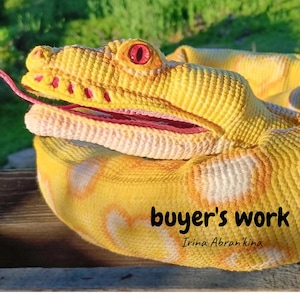 May include: A crocheted snake in shades of yellow and white, featuring red eyes and a pink tongue. The snake's mouth is open, displaying a pink interior. The text "buyer's work" and the artist's name are present.
