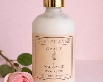 Grace Rose Musk Body Lotion, Botanical Cream, Luxury Moisturizer, Sandalwood Blend