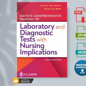 May include: A book cover for "Davis's Comprehensive Manual of Laboratory and Diagnostic Tests with Nursing Implications." The cover is red and white with text and icons for PDF, EPUB, and MOBI formats, and an instant download button.