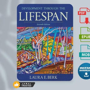 Puede incluir: Portada del libro "DEVELOPMENT THROUGH THE LIFESPAN" de Laura E. Berk. La portada presenta una colorida ilustración abstracta. Se muestran iconos para los formatos PDF, EPUB y MOBI, junto con un botón de "DESCARGA INSTANTÁNEA" y una insignia de "CONFIANZA".