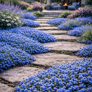 May include: A garden path of stone slabs is flanked by masses of small, bright blue flowers. The path leads towards a house with a covered seating area. Other flowers in shades of purple and white add to the garden's colourful display.
