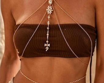 Cadena corporal tipo halter con perlas y cristales, delicada joyería dorada para la cintura y el vientre para mujer, accesorio de bikini estilo boho playero, lindo regalo de cumpleaños para ella.