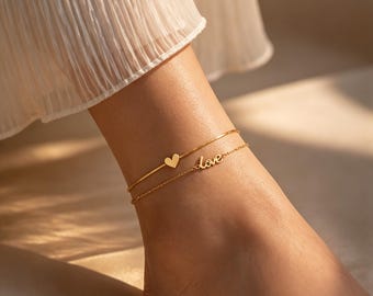 Gouden hart enkelbandje set voor vrouwen, dubbellaagse liefde bedel enkelband, minimalistische zomersieraden, cadeau bruidsmeisje, sierlijke voetsieraden