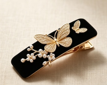 Pinza para el cabello de mariposa de terciopelo con perlas y flores, pasador de mariposa dorado, elegante accesorio para el cabello, regalo de cumpleaños para ella, horquilla para el cabello de boda