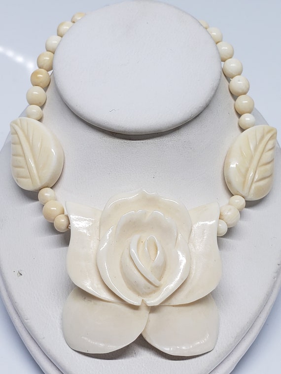 Vintage Carved Rose Bead Necklace Strand - image 1