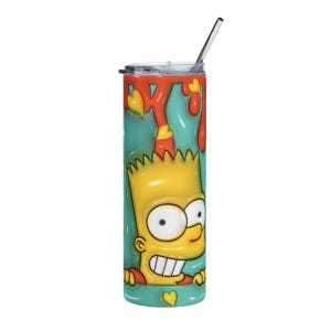 May include: A tall, insulated tumbler featuring a cartoon character design. The tumbler has a teal background with a yellow character, red accents, and a stainless steel straw. The design includes a lid and a heart-shaped detail.