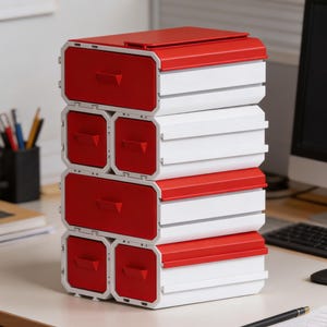 May include: A stackable storage unit with red drawers and white compartments. The unit is composed of several modular sections, creating a multi-drawer system. The drawers have a simple, modern design, and the unit is placed on a desk.