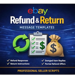 Könnte beinhalten: Ein Bild mit dem eBay-Logo und den Worten "Refund & Return Message Templates". Es zeigt einen grünen kreisförmigen Pfeil, einen Klemmbrett mit einem Dollarzeichen und einen Geldsack. Das Bild enthält auch den Text "Refund Responses", "Return Instructions", "Damaged Item Replies" und "Partial Refund Offers".