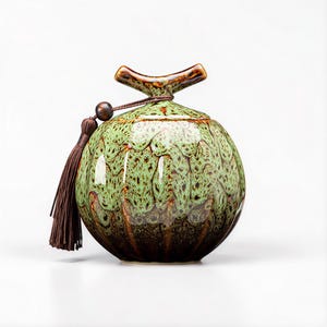 Op de afbeelding: Een ronde, groen en bruin keramische pot met een deksel en kwast. De pot heeft een uniek gespikkeld patroon en een bruine kwast die aan de zijkant hangt. Het deksel heeft een decoratieve handgreep.