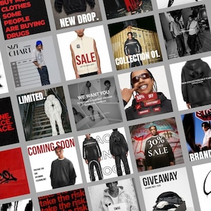 May include: A collage of fashion photography featuring various apparel including hoodies, vests, and t-shirts. The images display promotional text such as NEW DROP, SALE, COLLECTION 01, LIMITED, WE WANT YOU, COMING SOON, 30% OFF SALE, and GIVEAWAY.