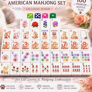 May include: An American Mahjong set featuring 160 white acrylic tiles with cat and floral illustrations. The tiles display numbers, letters, and joker symbols. The set includes a pink storage case with gold text and a cat graphic, plus four dice.
