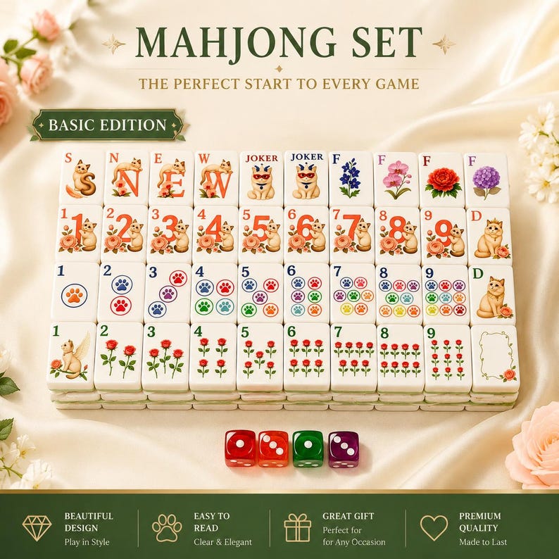 Cat Floral American Mahjong Set | Acrylic Tiles for Cat Lovers Classic Set