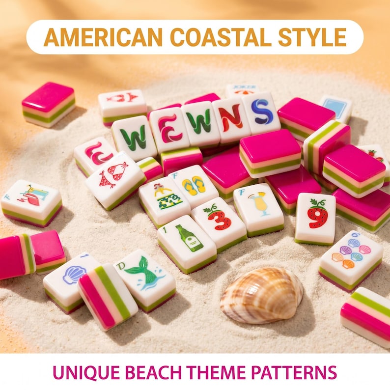 May include: A collection of rectangular mahjong tiles featuring beach-themed illustrations including flip-flops, cocktails, seashells, and a mermaid tail, alongside tiles with letters spelling EWENS and numbers, all resting on a sandy surface.