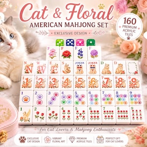 May include: An American Mahjong set featuring 160 premium acrylic tiles with cat and floral illustrations. The tiles display numbers, letters, and paw prints in various colours. A pink case with cat graphics and a matching mug are included in the set.