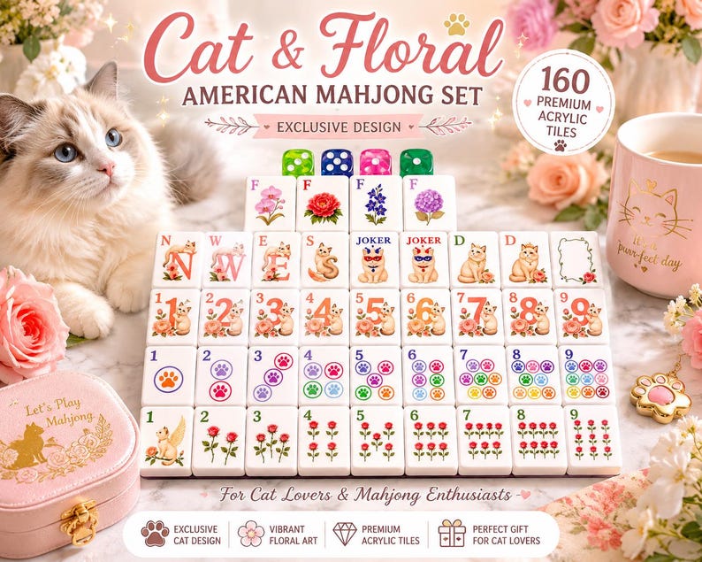 May include: An American Mahjong set featuring 160 premium acrylic tiles with cat and floral illustrations. The tiles display numbers, letters, and paw prints in various colours. A pink case with cat graphics and a matching mug are included in the set.