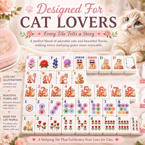 May include: A mahjong set featuring white tiles with cat illustrations, floral patterns, and colourful paw prints. The set includes a pink storage case with the text Let's Play Mahjong and a variety of tiles marked with letters, numbers, and joker labels.