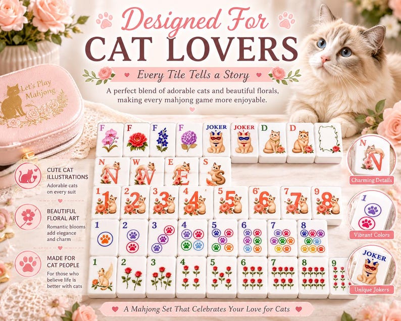 May include: A mahjong set featuring white tiles with cat illustrations, floral patterns, and colourful paw prints. The set includes a pink storage case with the text Let's Play Mahjong and a variety of tiles marked with letters, numbers, and joker labels.