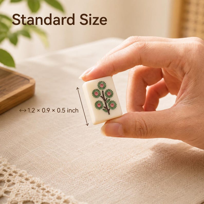 May include: A rectangular off-white mahjong tile featuring a green and pink floral design. The tile is labeled Standard Size and includes text indicating dimensions of 1.2 x 0.9 x 0.5 inches, providing a clear reference for its physical scale.