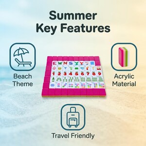 May include: A set of mahjong tiles with a summer theme, featuring pink backs and white faces with colorful icons including beach gear, numbers, and drinks. The text Summer Key Features, Beach Theme, Acrylic Material, and Travel Friendly is visible.
