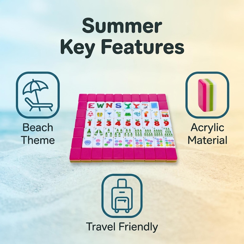May include: A set of mahjong tiles with a summer theme, featuring pink backs and white faces with colorful icons including beach gear, numbers, and drinks. The text Summer Key Features, Beach Theme, Acrylic Material, and Travel Friendly is visible.