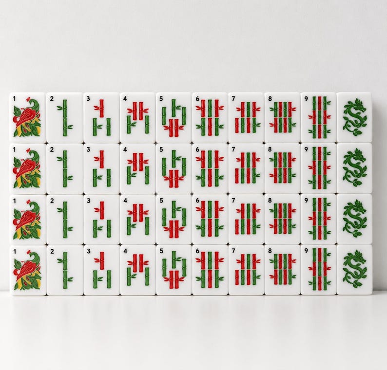 May include: A set of white rectangular mahjong tiles arranged in four rows. The tiles feature green and red bamboo patterns numbered one through nine, along with tiles displaying a red bird illustration and a green dragon symbol on the ends.
