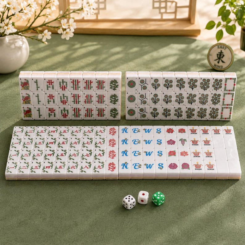 May include: A set of white Mahjong tiles featuring various green, red, and blue symbols, characters, and floral designs, arranged in rows. The set includes tiles with the letters N, E, W, S, and Joker labels, alongside three small dice.
