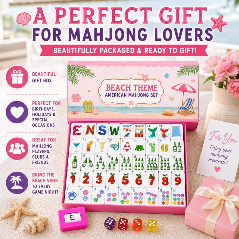 May include: A beach-themed American Mahjong set in a pink box featuring illustrations of a beach chair, umbrella, and seashells. The set includes white tiles with colorful graphics of cocktails, flip-flops, bottles, and numbers, plus four dice.