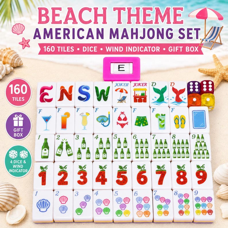 May include: A beach-themed American Mahjong set featuring 160 white tiles with colorful illustrations of seashells, drinks, flip-flops, and numbers. The set includes a pink wind indicator showing the letter E, four dice, and a gift box.
