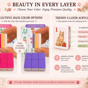 May include: A set of rectangular mahjong tiles featuring a four-layer acrylic structure with a cat and rose graphic on the face. The tiles are available in magenta or lavender purple back colours, showcasing a layered design with a white front.