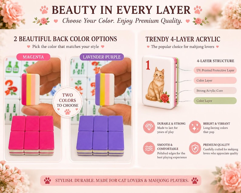 May include: A set of rectangular mahjong tiles featuring a four-layer acrylic structure with a cat and rose graphic on the face. The tiles are available in magenta or lavender purple back colours, showcasing a layered design with a white front.