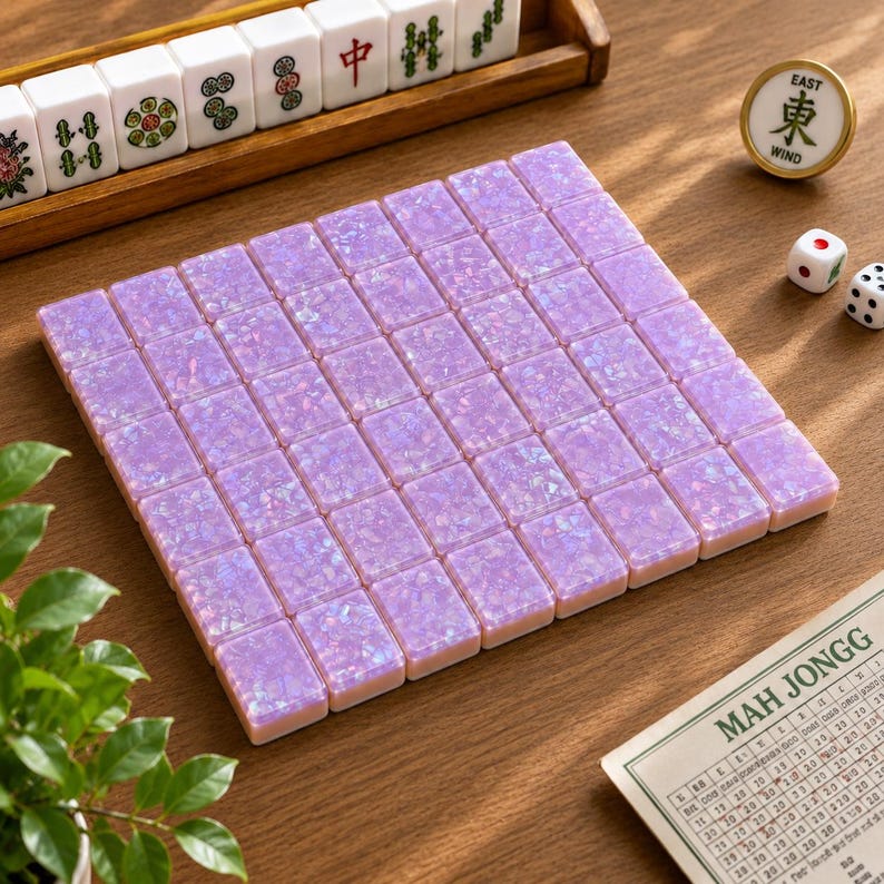 May include: A set of rectangular mahjong tiles with a shimmering, iridescent lavender finish arranged in a square grid. The tiles feature a glittery, crushed-shell texture. Nearby are traditional white mahjong tiles in a wooden rack, two dice, a round wind marker, and a printed mahjong score card.