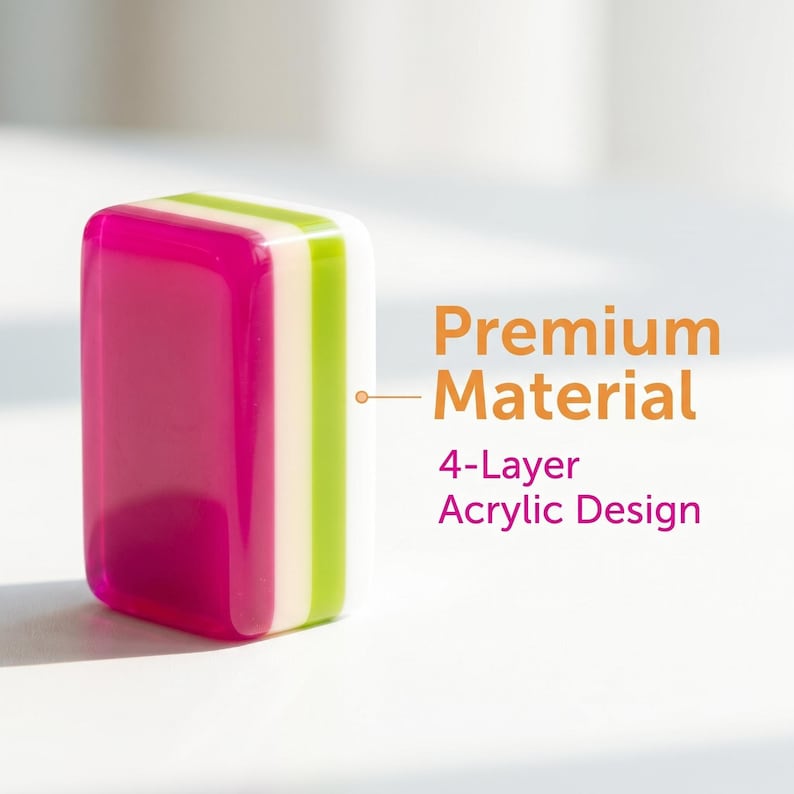 May include: A rectangular block featuring a 4-layer acrylic design with vibrant magenta, white, and lime green stripes. The text Premium Material and 4-Layer Acrylic Design is printed to the right of the block, connected by a thin horizontal line.