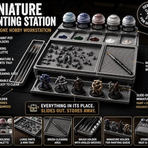May include: A grey plastic miniature painting station featuring five 32mm paint pot holders, a mixing palette, a tray for miniature parts, a ribbed brush cleaning area, a slide-out brush holder, and a slide-out miniature display holder.