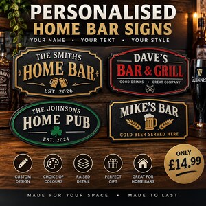 May include: Four rectangular and oval wall signs with raised lettering and graphics. The signs feature custom text including The Smiths Home Bar, Dave's Bar & Grill, The Johnsons Home Pub, and Mike's Bar, with various beer-themed icons and dates.