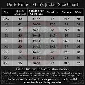 Op de afbeelding: Maattabel voor een donkere herenjas, metingen in inches. De tabel bevat maten van 2XS tot 4XL, met details over borstomvang, geschikte borstomvang, schouderbreedte, mouwlengte en taille. Bevat ook maatinstructies en maatwerk informatie.