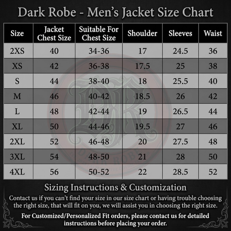 Op de afbeelding: Maattabel voor een donkere herenjas, metingen in inches. De tabel bevat maten van 2XS tot 4XL, met details over borstomvang, geschikte borstomvang, schouderbreedte, mouwlengte en taille. Bevat ook maatinstructies en maatwerk informatie.