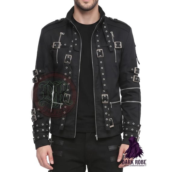 Men's Gothic Black Jacket | Punk Rock Buckle Strap Zipper Coat | MJ Bad Style Cosplay Outfit | Alternative Concert Wear, Dark Robe Pants Set