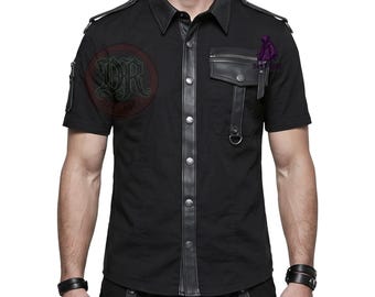 Gothic-zwart herenshirt | Punk katoen met halve mouw dichtgeknoopt | Alternatieve top in militaire stijl met accenten van PU-leer | Rocker Goth Streetwear