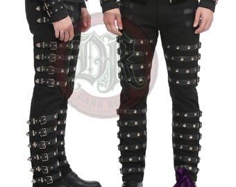 Mannen gotische zwarte broek gesp, bandjes, cyberpunk katoenen broek, MJ Bad Costume broek, punk rocker broek, donker gewaad cosplay ALT broek
