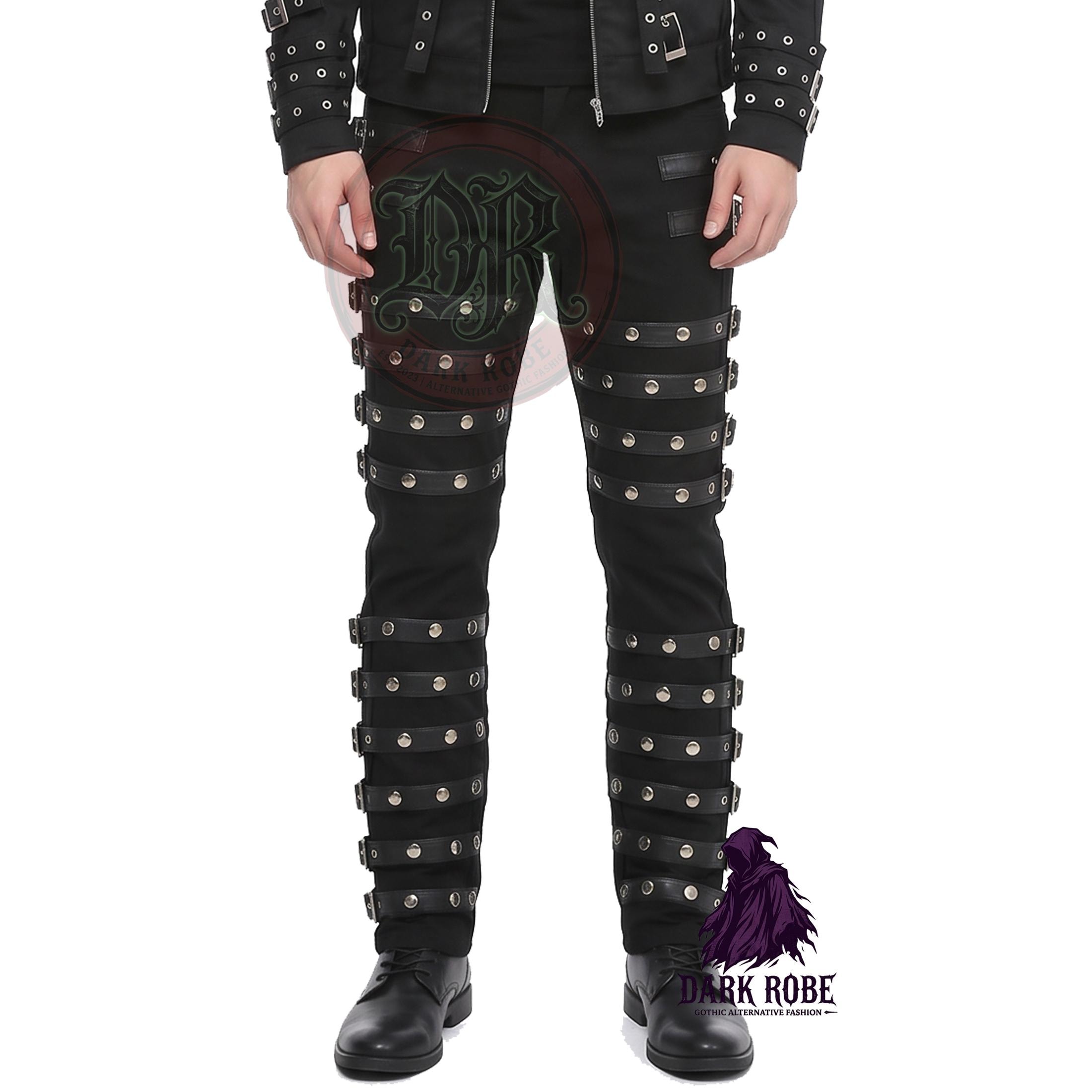 Men's Rocker Pants Men Gothic Black Pants Buckle Straps, Cyberpunk Cotton Trousers, MJ Bad ...